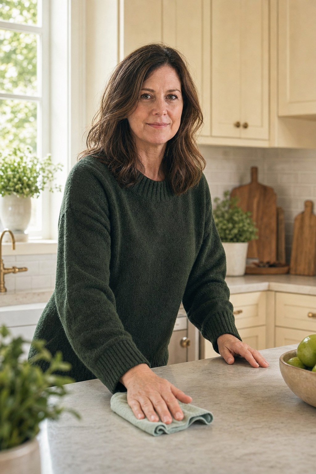 Greta wiping a kitchen counter with a microfiber cloth