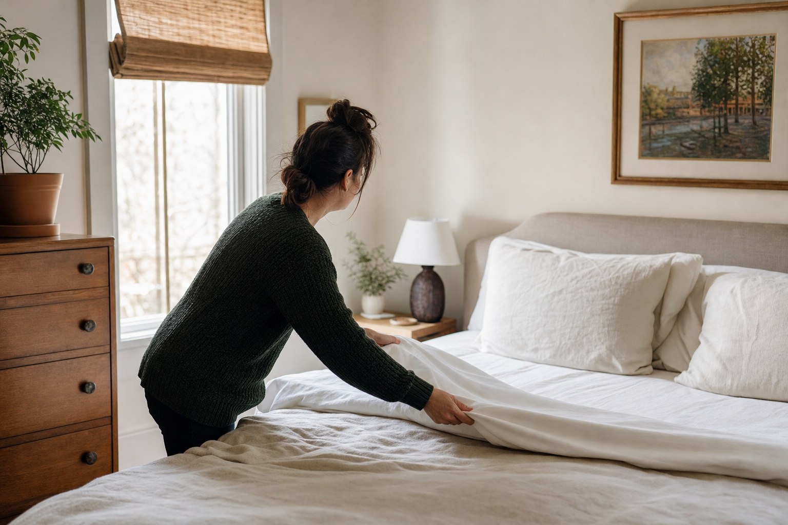 A cleaner making a bed with fresh white sheets