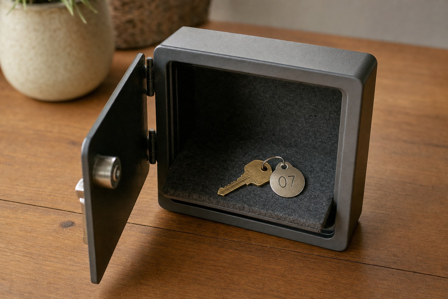 A house key on a numbered 07 tag inside a locked key box