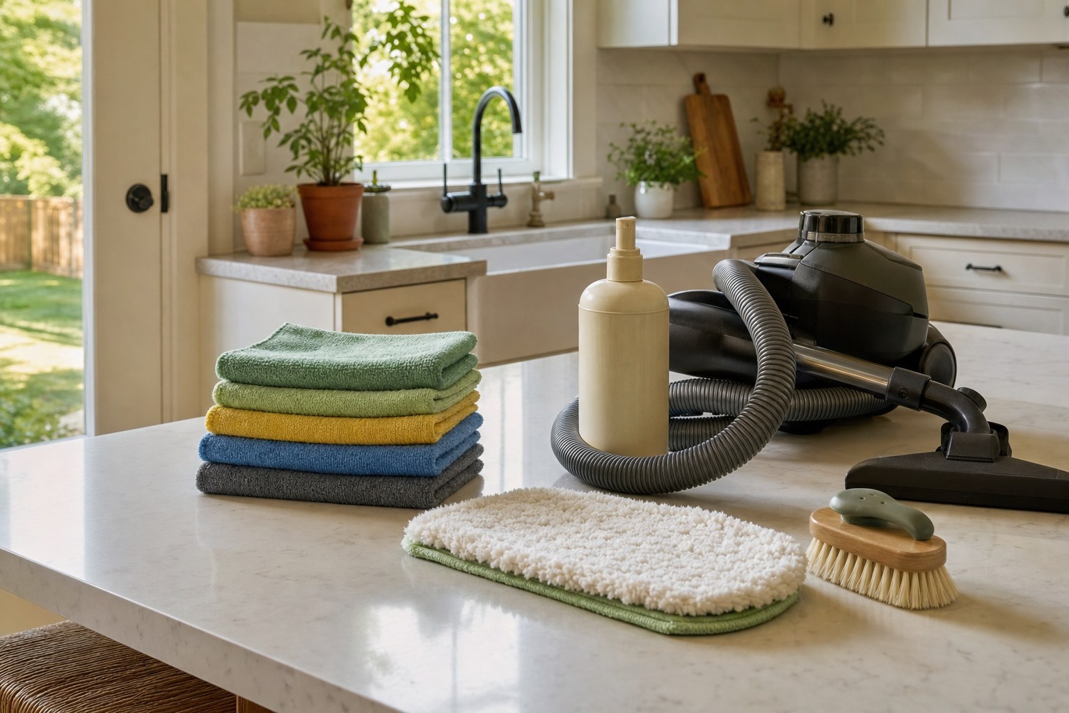 Color-coded microfiber cloths, fresh mop pad, vacuum and cleaning supplies